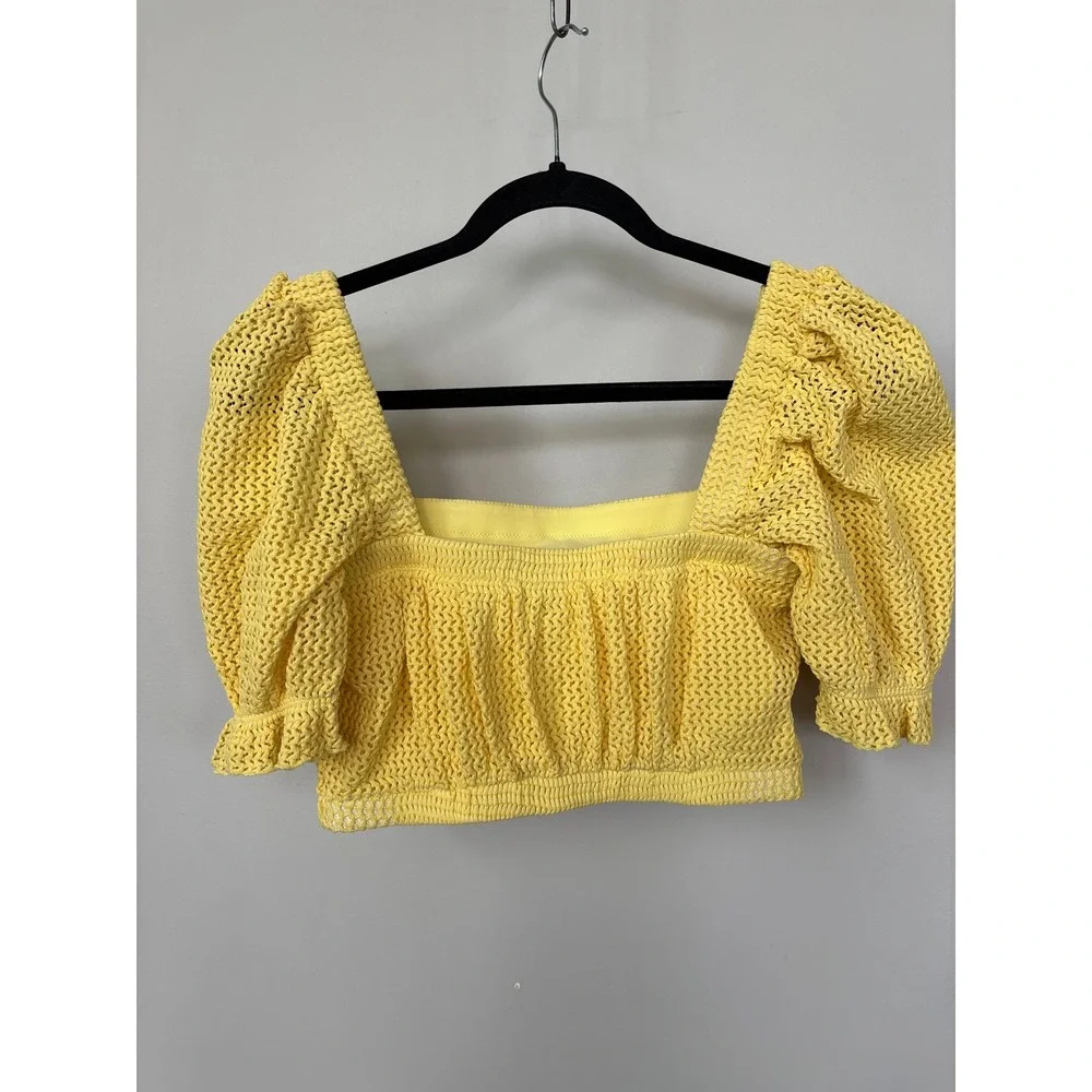 Montce Swim Yellow Crochet Puff Sleeve Bikini Top Crop Top Square Neck Large